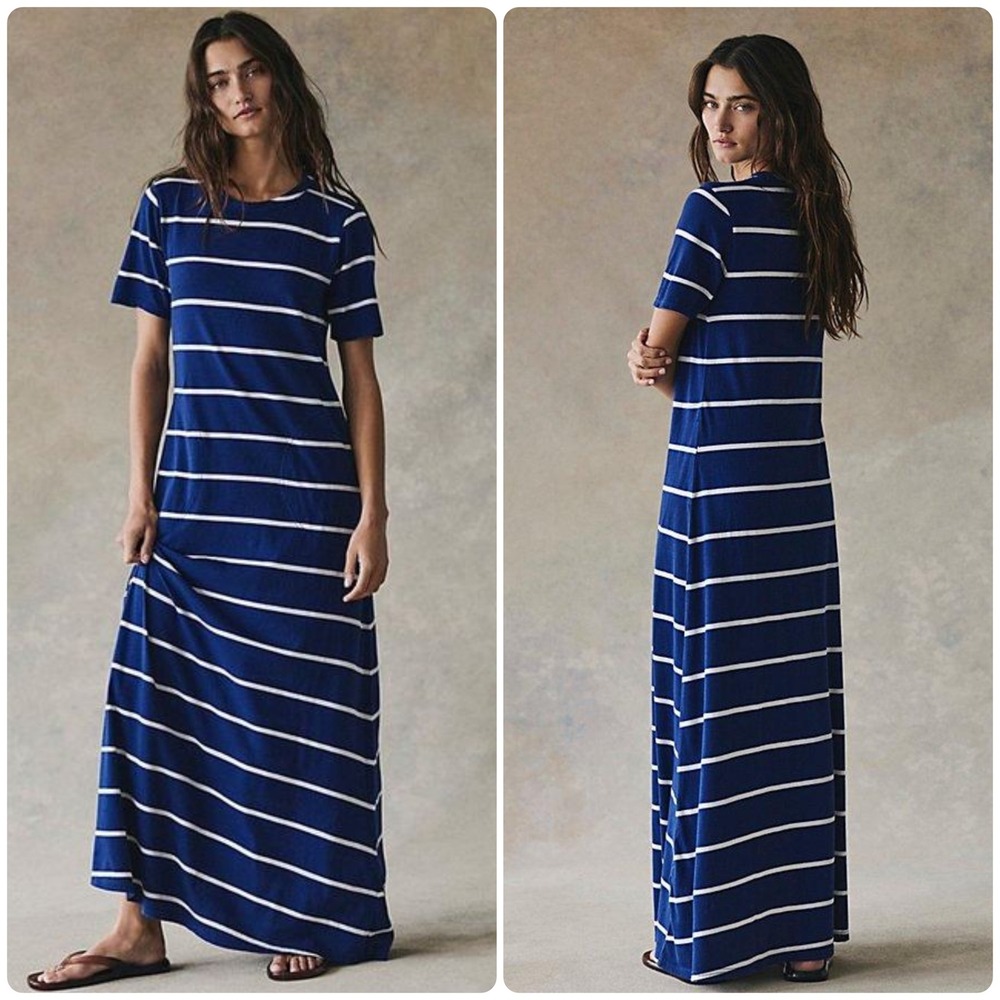 NWT Free People Womens Blue Sleek And Striped Cotton Jersey Coastal Maxi Dress M